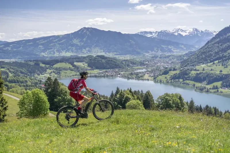 Cyclist in red jersey biking through Alpine meadow overlooking lake and snow-capped mountains in Bavaria Germany