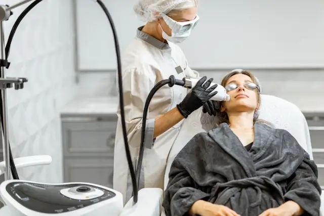 Aesthetic professional in white coat and surgical mask performing laser treatment on female patient wearing protective eyewear in modern clinical setting
