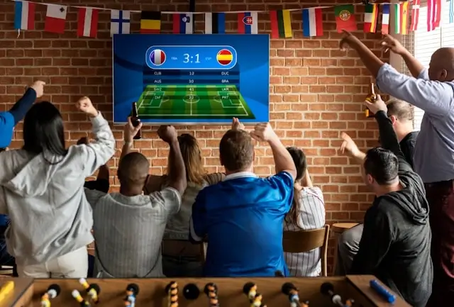 Group of friends celebrating while watching sports match on TV with international flags, representing casino travel social experiences and entertainment