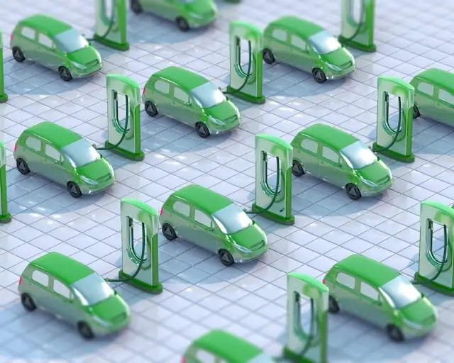 3D illustration of green electric cars at charging stations showing future EV infrastructure network