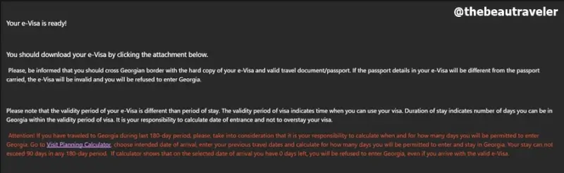Georgia e-visa approval email showing download instructions and border crossing requirements for Turkish-Georgian border entry