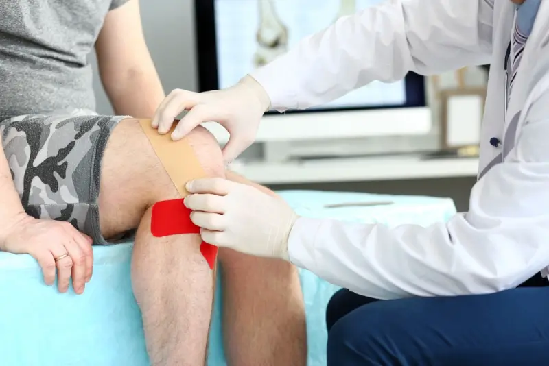 Doctor applying kinesiology tape to patient's knee for wound support and scar prevention therapy