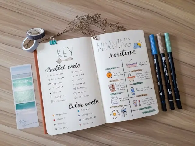 Open bullet journal showing morning routine planning pages with colorful habit tracking and organization system
