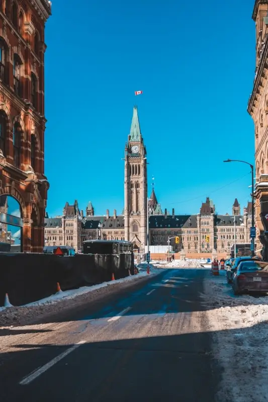 Parliament Hill and Peace Tower in Ottawa winter scene before departing ottawa to montreal by bus from Canada's capital