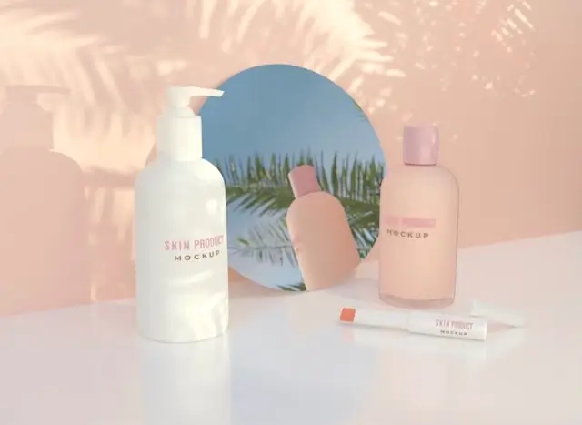 Private label skincare product mockups with pump bottle, dropper serum, and tube displayed on pink surface with tropical mirror backdrop