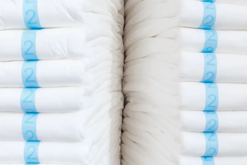 Stack of packaged adult diapers in travel-friendly packaging for convenient storage and transport