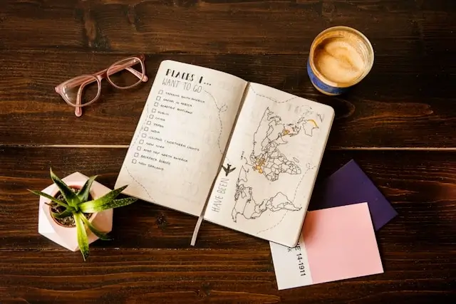Travel planning essentials with open notebook, map, passport, and coffee for solo woman traveler itinerary preparation