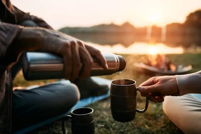 Travelers sharing hot drink from thermos during sunset road trip camping break
