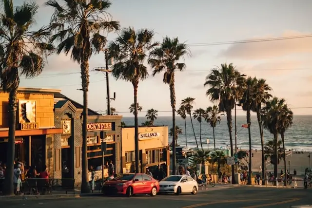 California street scene with palm trees, small businesses, and parked cars near a beach, representing typical roadway conditions where car accidents and subsequent lawsuits may occur in California