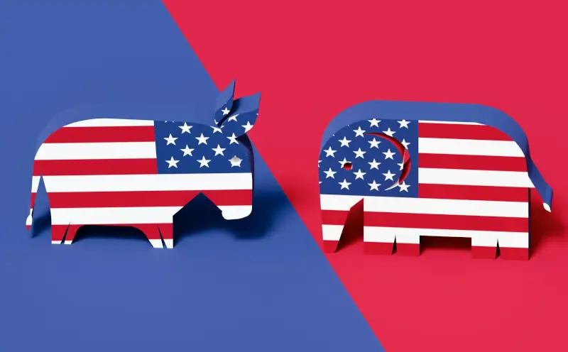 Democratic donkey and Republican elephant with American flag pattern representing US political system for immigrants