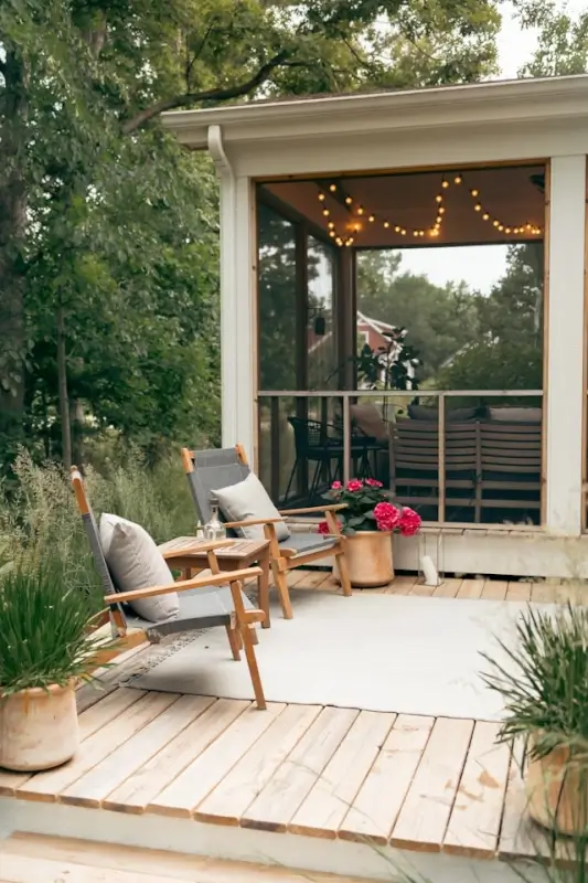 White garden pods with large glass doors and string lights featuring wooden deck seating area with modern outdoor furniture for backyard staycation retreat