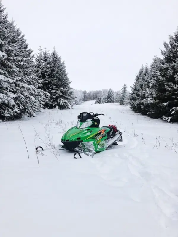 Green snowmobile on snowy trail through pine forest in Crane Lake winter landscape Minnesota