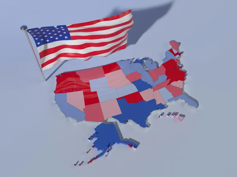 3D USA map with American flag showing diverse states and opportunities for high achievers immigrating to America