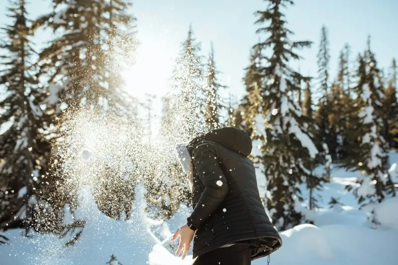 Person throwing snow in air among evergreen trees on sunny winter day in Crane Lake area Minnesota