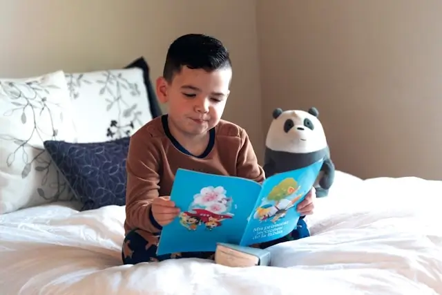 Young boy engaged in reading a colorful illustrated book on bed with stuffed panda toy beside him