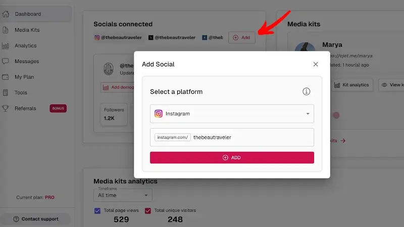 CreatorsJet dashboard showing add social platform dialog box with Instagram username field and connected social media accounts for thebeautraveler profile