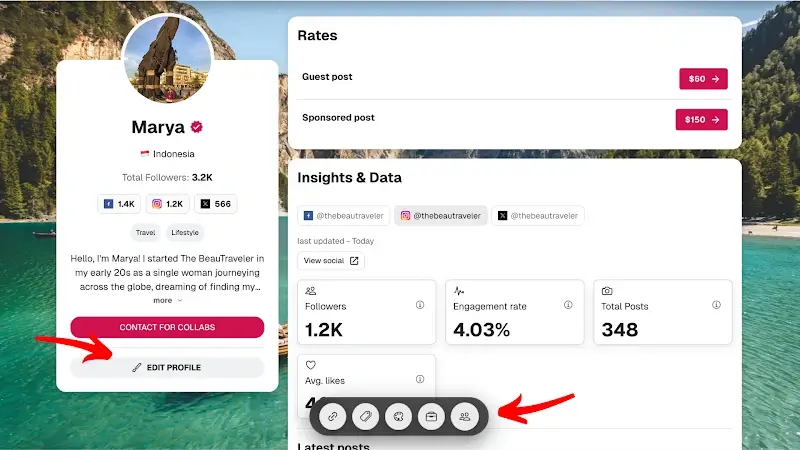 CreatorsJet profile editor showing travel influencer dashboard with collaboration rates, follower statistics, engagement metrics, and social media platform icons for profile customization