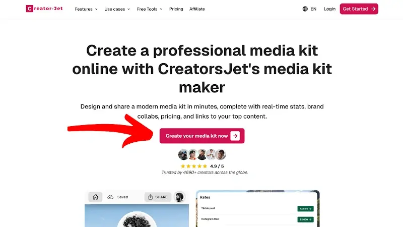 How to make a media kit using CreatorsJet's online platform with call-to-action button and preview of professional media kit maker interface
