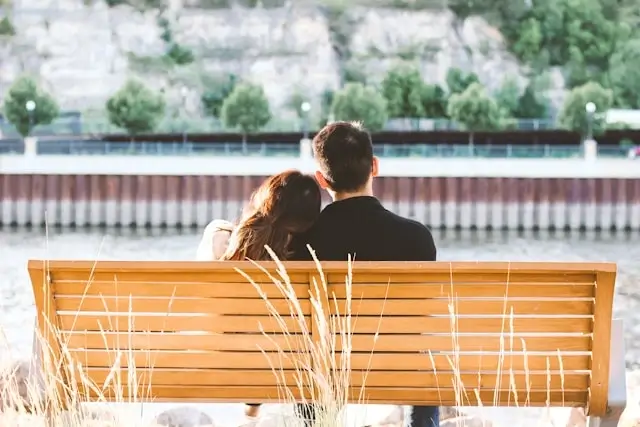 Couple sitting together on wooden bench overlooking waterfront, viewed from behind, with urban landscape and greenery in background