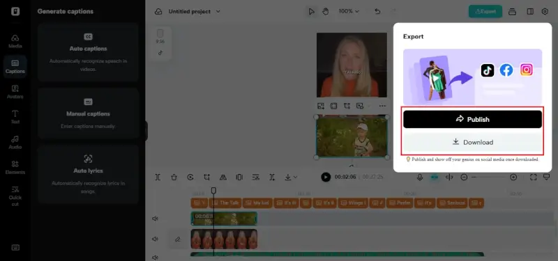 Pippit video editor interface showing export options with Publish and Download buttons, featuring a preview of a social media ad being edited with multiple video clips on the timeline and platform icons for TikTok, Facebook, and Instagram