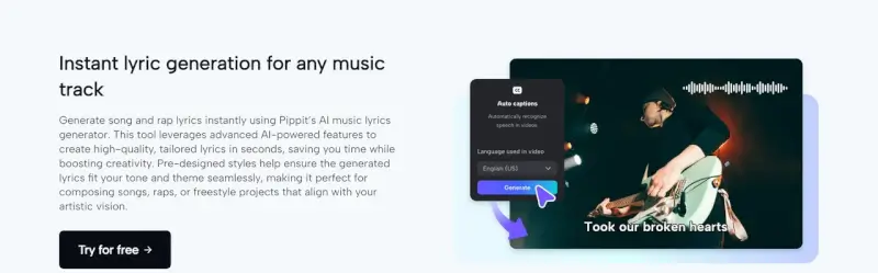 Pippit's auto captions feature interface showing instant lyric generation tool with a video preview of a musician playing guitar and the generated caption 'Took our broken hearts' displayed on screen