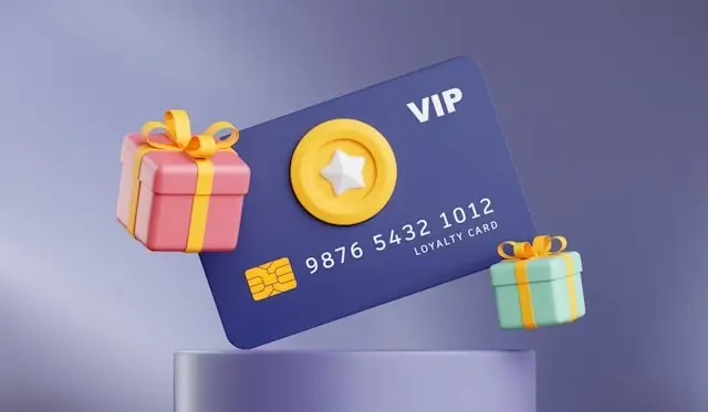 VIP loyalty card with gift boxes representing portable rewards and perks for small hotel guests