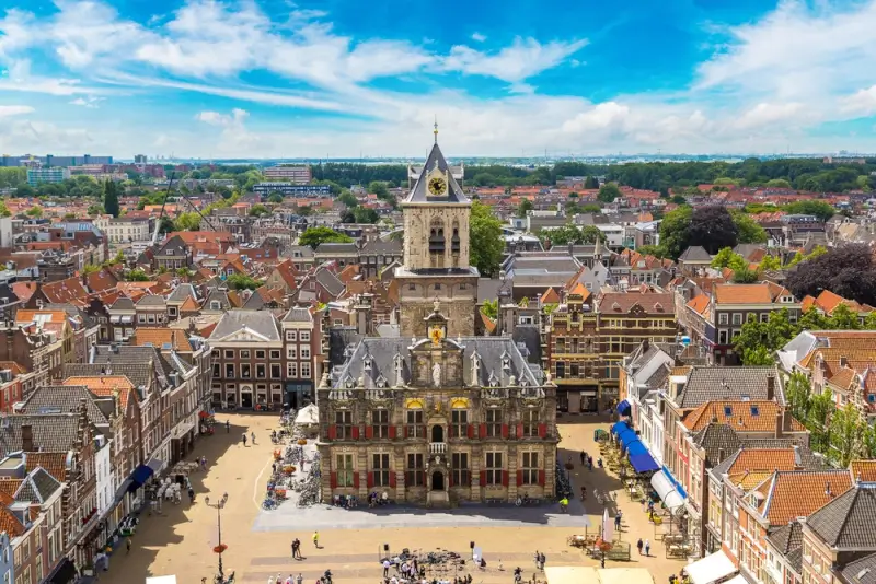 panoramic view of delft, a destination for a day trip from amsterdam in the netherlands.