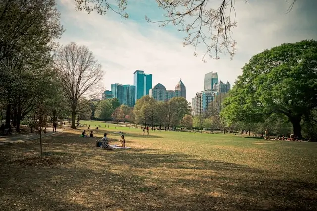 Piedmont Park in Atlanta with open green space, trees, and city skyline in background offering peaceful recreation area for adults