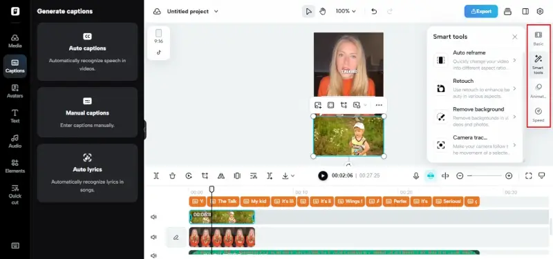 Pippit video editor showing Smart tools panel with options for Auto reframe, Retouch, Remove background, and Camera tracking, alongside the main editing timeline with video clips