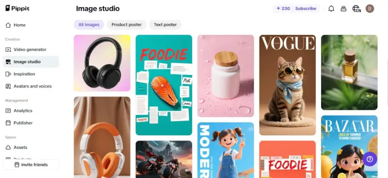 Pippit Image studio dashboard showing a grid of product poster templates including headphones, food magazine layouts, cosmetics, fashion magazine covers with a cat and lifestyle products