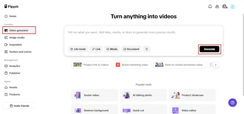 Pippit video generator homepage with 'Turn anything into videos' headline, showing input field for links, media, or documents, and popular tools including Avatar video, AI talking photo, Product showcase, Remove background, Quick cut, and Video editor