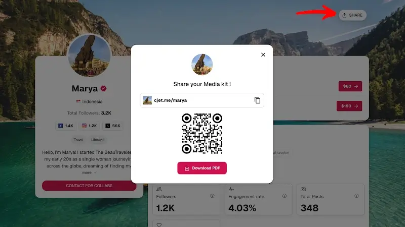 CreatorsJet media kit sharing interface with QR code, shareable link, and download PDF button for travel influencer Marya's profile with mountain lake background