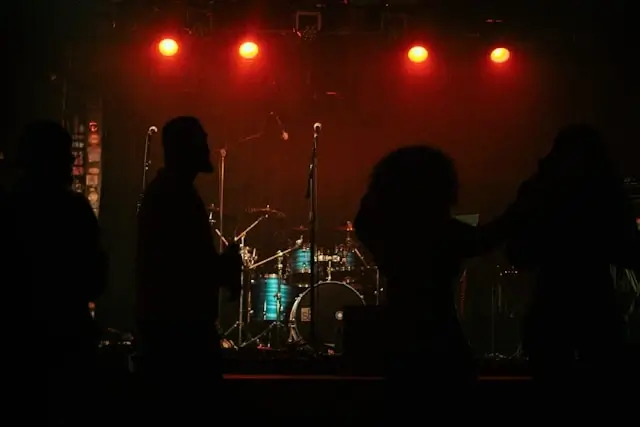 Live music performance in Atlanta nightclub with silhouetted crowd watching band on stage under red lights capturing the city's vibrant nightlife scene