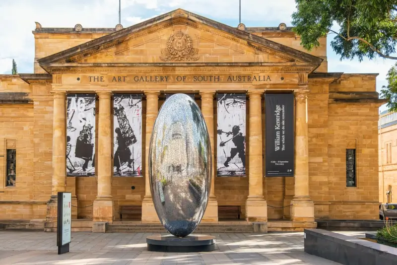 Art Gallery of South Australia entrance with classical architecture and contemporary sculpture on North Terrace in Adelaide