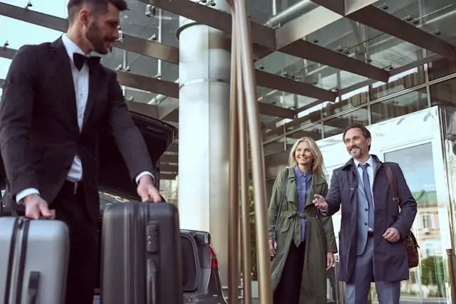 Professional greeter assisting business travelers with luggage at airport VIP service arrival