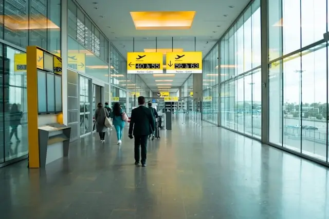 Modern airport terminal corridor with travelers walking toward departure gates during meet and greet service