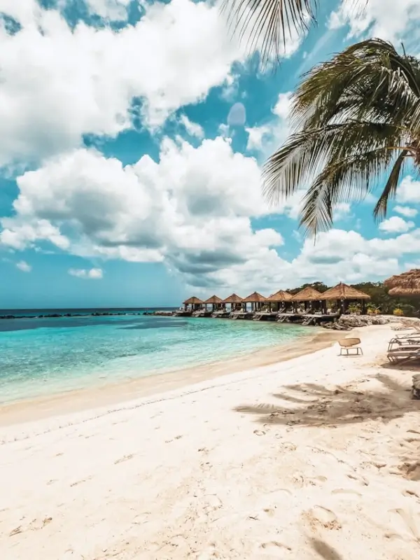 Pristine white sand beach in Aruba with turquoise waters, thatched-roof beach huts, and palm trees under blue sky