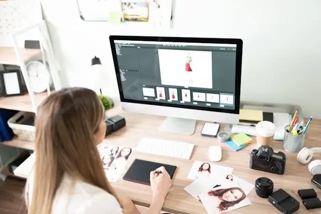 Designer browsing illustration assets on desktop computer with drawing tablet and reference photos