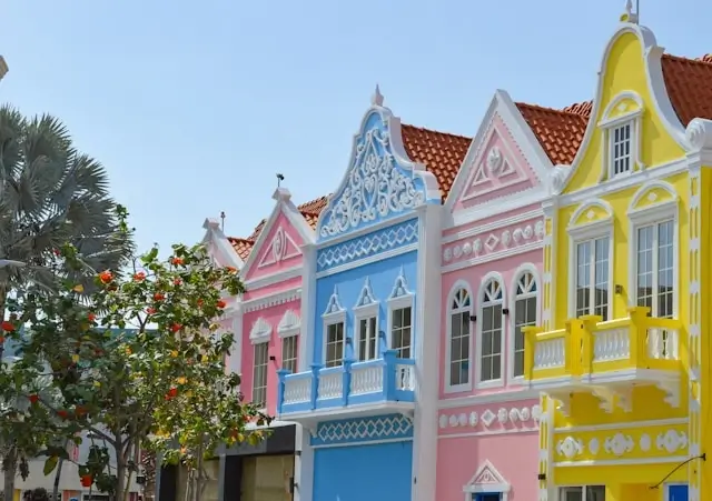 Colorful Dutch colonial architecture with ornate facades in downtown Oranjestad, Aruba