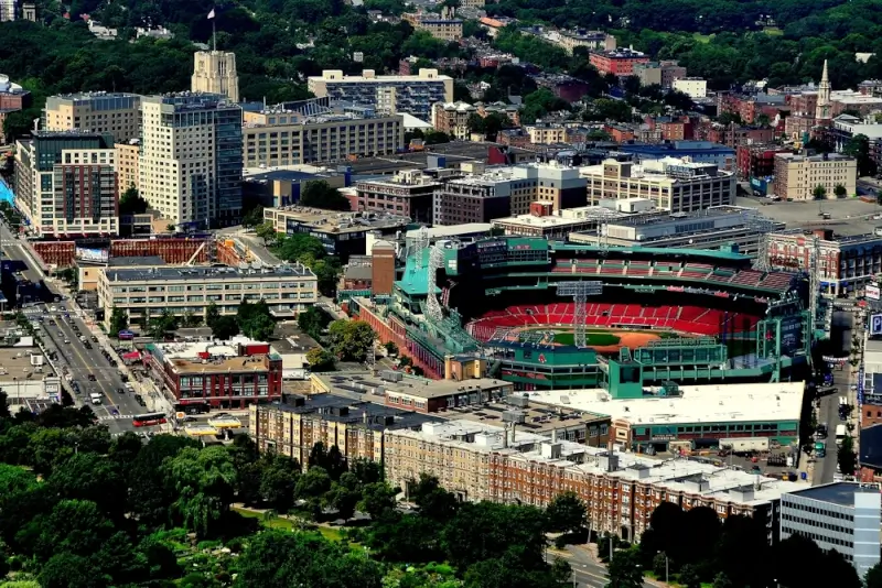 Aerial view of Fenway Park baseball stadium with Green Monster and surrounding Boston neighborhoods from Skywalk Observatory