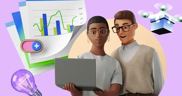 Two colleagues reviewing analytics dashboard with cohesive visual elements and chart graphics
