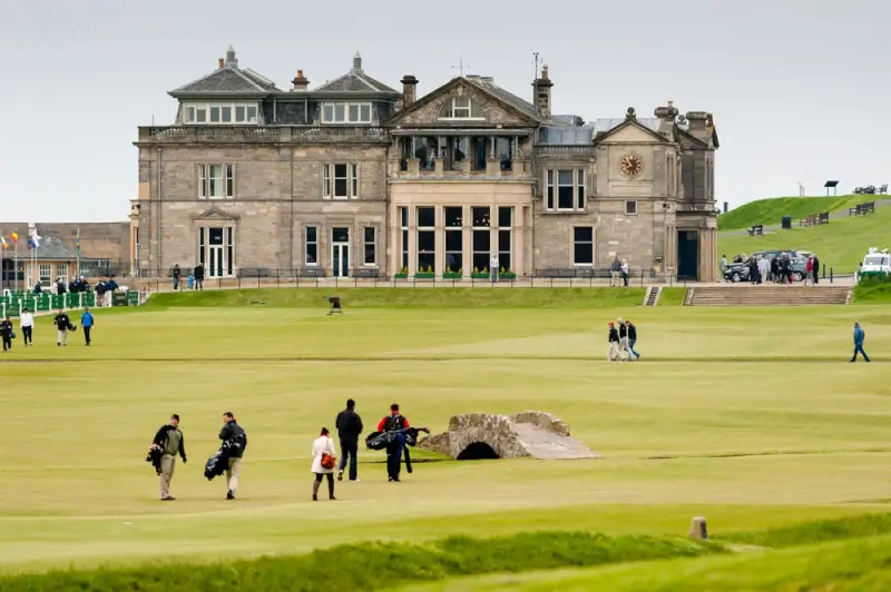 Swilcan Bridge and Royal and Ancient Clubhouse at St Andrews Old Course Scotland