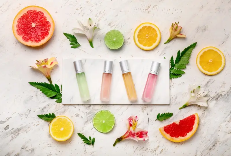 Travel perfume atomizers in multiple scents displayed with citrus fruits and flowers