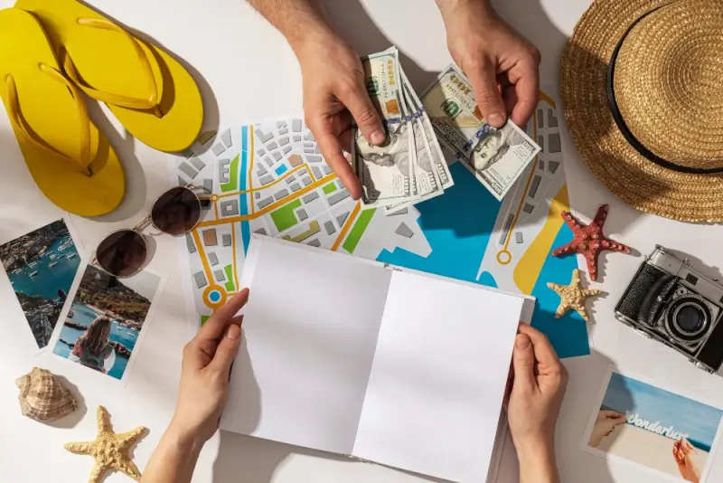 Couple planning vacation budget with cash and maps for cost-effective trip planning