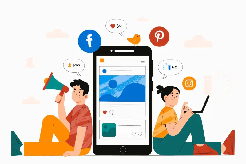 Cartoon illustration of two people sitting beside a large smartphone screen, surrounded by social media icons like Facebook, Instagram, and Pinterest, representing online engagement and digital promotion.