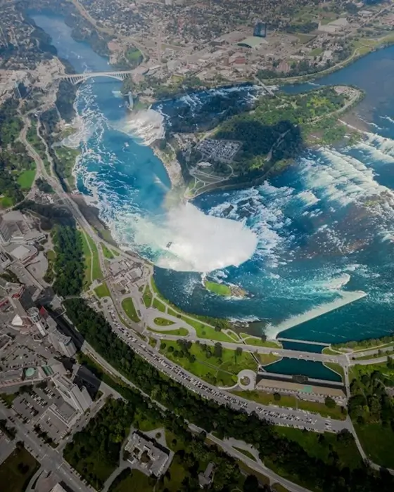 aerial view of Horseshoe Falls and the surrounding Niagara Falls parkway on a clear day